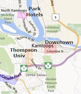 Map of Kamloops, BC hotels