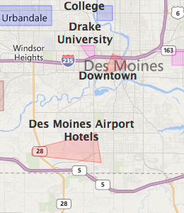 Map of Des Moines, IA hotels