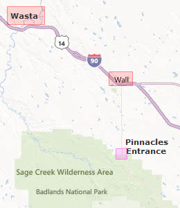 Map of Badlands National Park, SD hotels