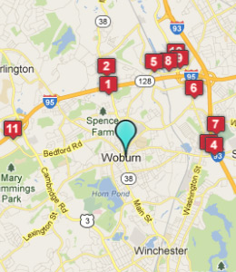 Map of Woburn, IN hotels