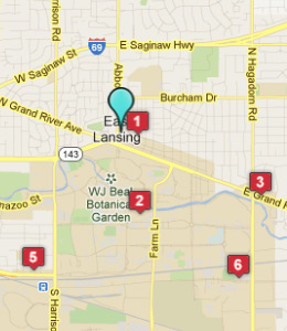 Map of East Lansing, IN hotels